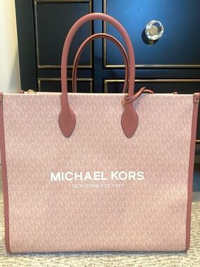 Michael Kors Pink Logo Tote with Leather Trim Crossbody Strap